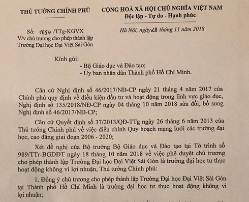 Thủ tướng đồng ý chủ trương Thành lập Trường ĐH Đại Việt Sài Gòn