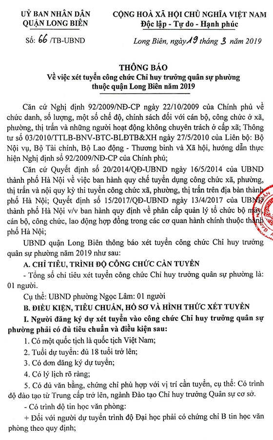 UBND quận Long Biên, TP.Hà Nội tuyển dụng Chỉ huy trưởng quân sự phường năm 2019