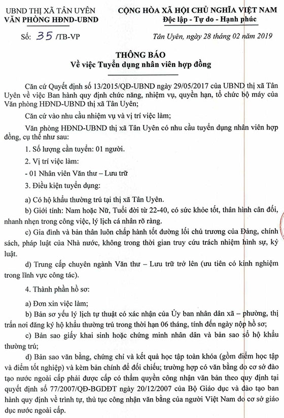 Văn phòng HĐND – UBND thị xã Tân Uyên, Bình Dương tuyển dụng nhân viên