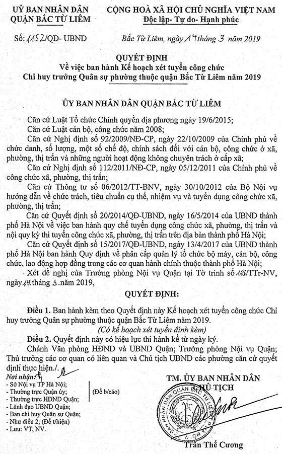 UBND quận Bắc Từ Liêm, Hà Nội tuyển dụng công chức, Chỉ huy trưởng Quân sự phường năm 2019