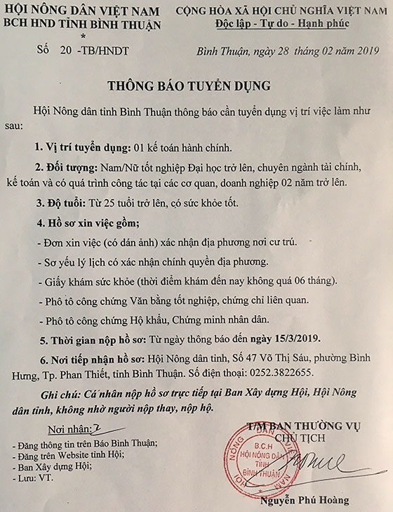 Hội Nông dân tỉnh Bình Thuận thông báo tuyển dụng