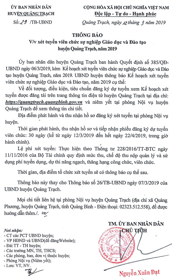 UBND huyện Quảng Trạch, Quảng Bình tuyển dụng viên chức giáo dục năm 2019