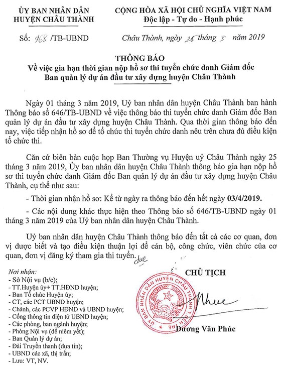 UBND huyện Châu Thành, Bến Tre thông báo gia hạn thời gian nộp hồ sơ thi tuyển Giám đốc BQL dự án đầu tư xây dựng