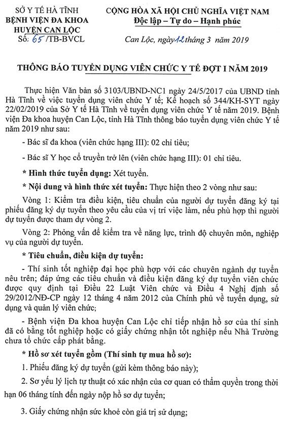 Bệnh viện đa khoa huyện Can Lộc, Hà Tĩnh tuyển dụng viên chức đợt 1 năm 2019