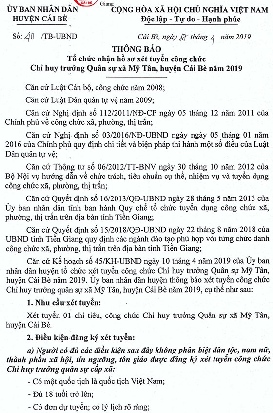 UBND huyện Cái Bè, Tiền Giang tuyển dụng công chức Chỉ huy trưởng Quân sự năm 2019