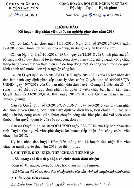 UBND huyện Hàm Yên, Tuyên Quang tiếp nhận viên chức giáo dục năm 2018