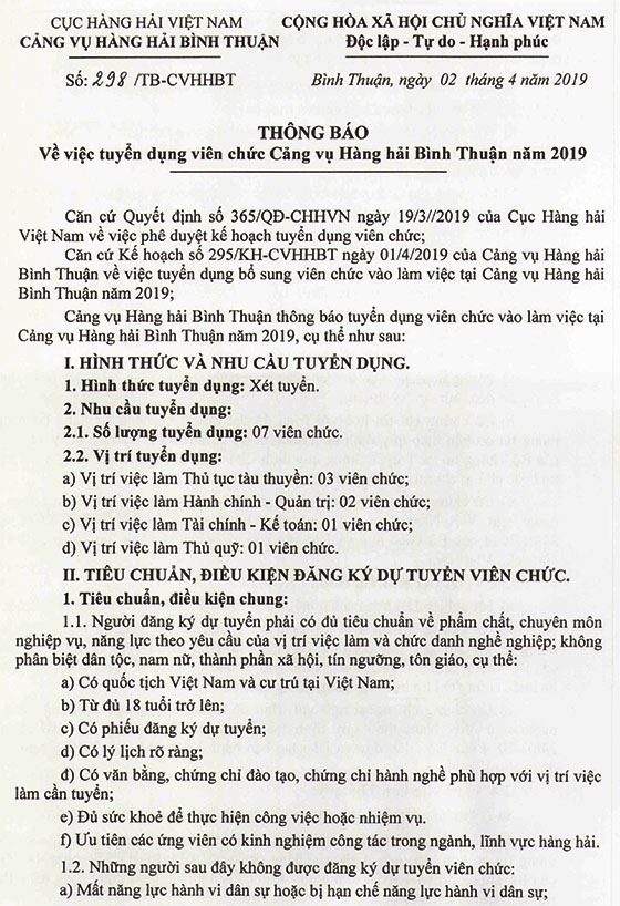 Cảng vụ hàng hải Bình Thuận tuyển dụng viên chức năm 2019