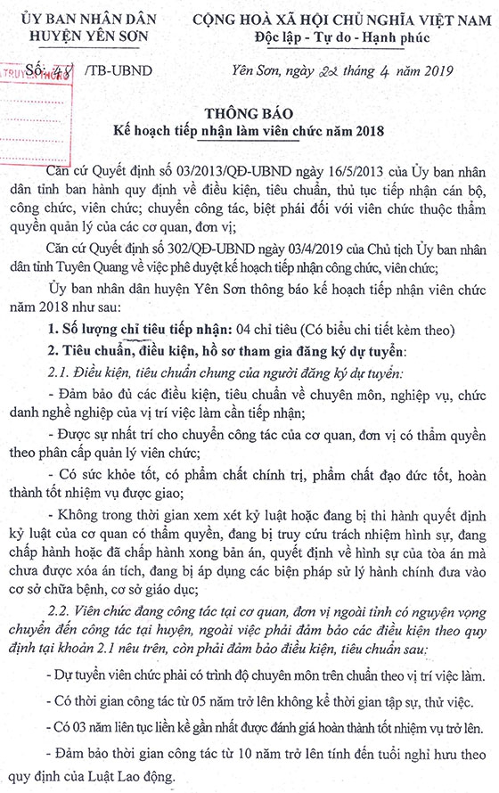 UBND huyện Yên Sơn, Tuyên Quang thông báo tiếp nhận viên chức năm 2018
