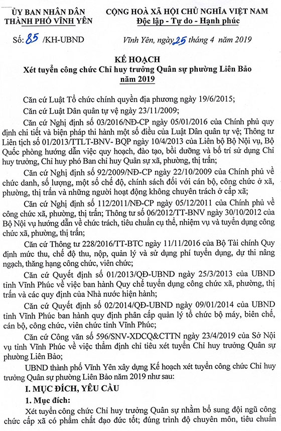 UBND TP.Vĩnh Yên, Vĩnh Phúc tuyển dụng Chỉ huy trưởng Quân sự năm 2019