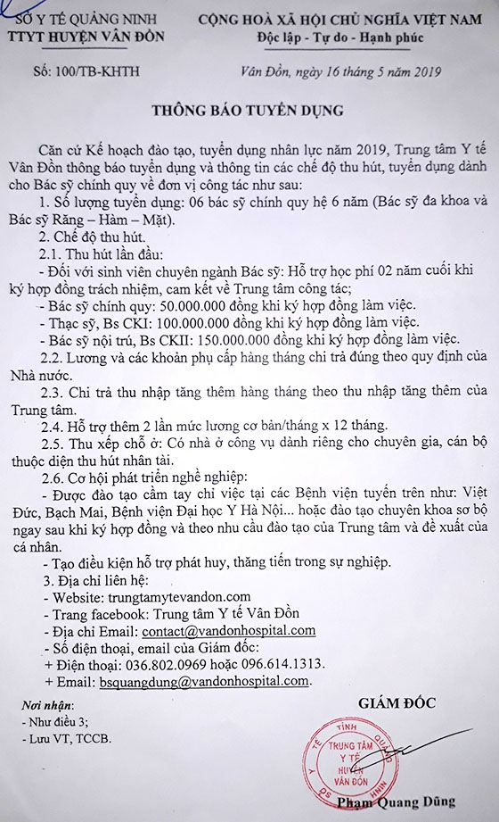 Trung tâm Y tế huyện Vân Đồn, tỉnh Quảng Ninh thông báo tuyển dụng