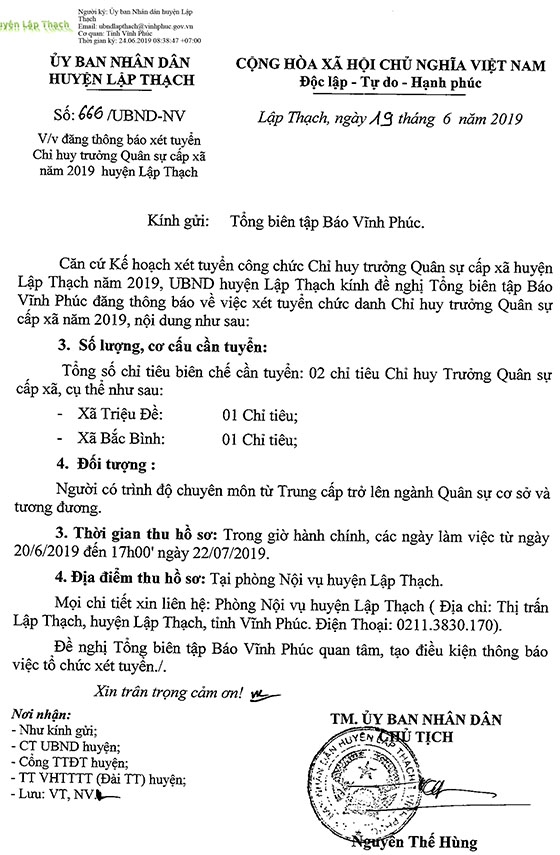 UBND huyện Lập Thạch, Vĩnh Phúc tuyển dụng công chức Chỉ huy trưởng Quân sự cấp xã năm 2019