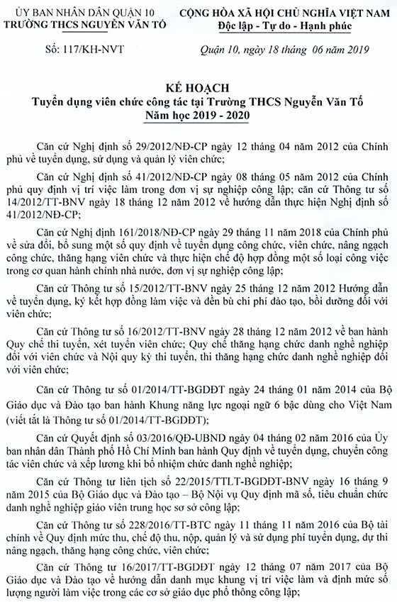 Trường THCS Nguyễn Văn Tố, Quận 10, TP.Hồ Chí Minh tuyển dụng viên chức năm học 2019 – 2020