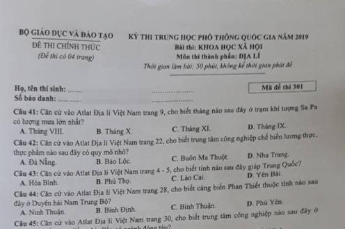 Đáp án chính thức môn Địa lý kỳ thi THPT quốc gia 2019 của Bộ GD&ĐT