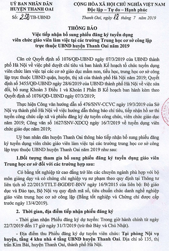 UBND huyện Thanh Oai, TP.Hà Nội tiếp nhận bổ sung phiếu đăng ký tuyển dụng giáo viên THCS năm 2019