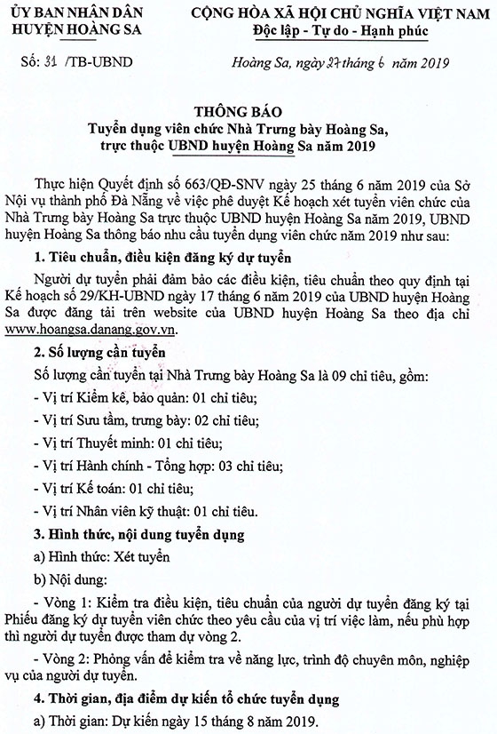 UBND huyện Hoàng Sa, TP.Đà Nẵng tuyển dụng viên chức tại Nhà Trưng bày Hoàng Sa năm 2019