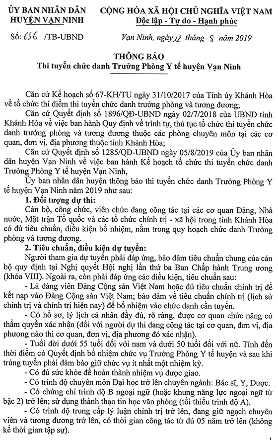 UBND huyện Vạn Ninh, Khánh Hòa thông báo tuyển dụng