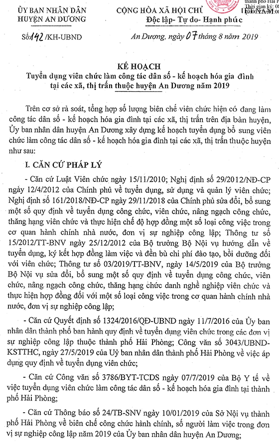 UBND huyện An Dương, TP.Hải Phòng tuyển dụng viên chức năm 2019