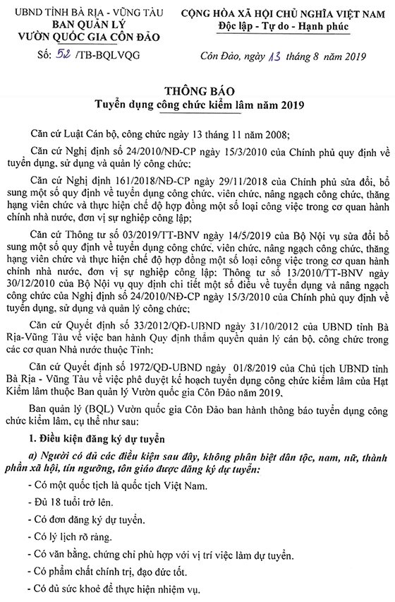 Ban Quản lý Vườn Quốc gia Côn Đảo tuyển dụng công chức kiểm lâm năm 2019