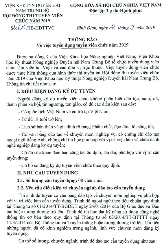 Viện Khoa học Kỹ thuật Nông nghiệp Duyên hải Nam Trung bộ tuyển dụng viên chức năm 2019