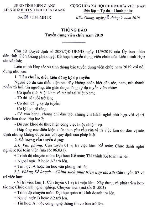 Liên minh HTX tỉnh Kiên Giang tuyển dụng viên chức năm 2019