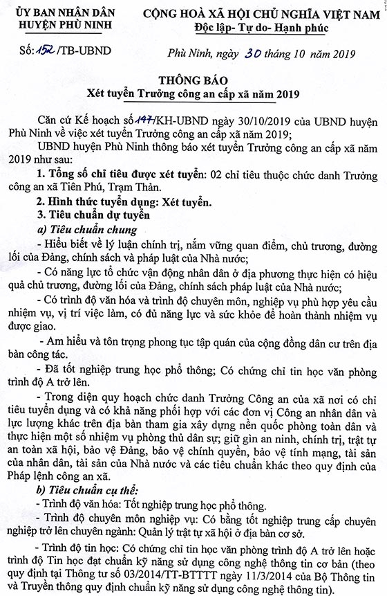 UBND huyện Phù Ninh, Phú Thọ tuyển dụng trưởng công an cấp xã năm 2019