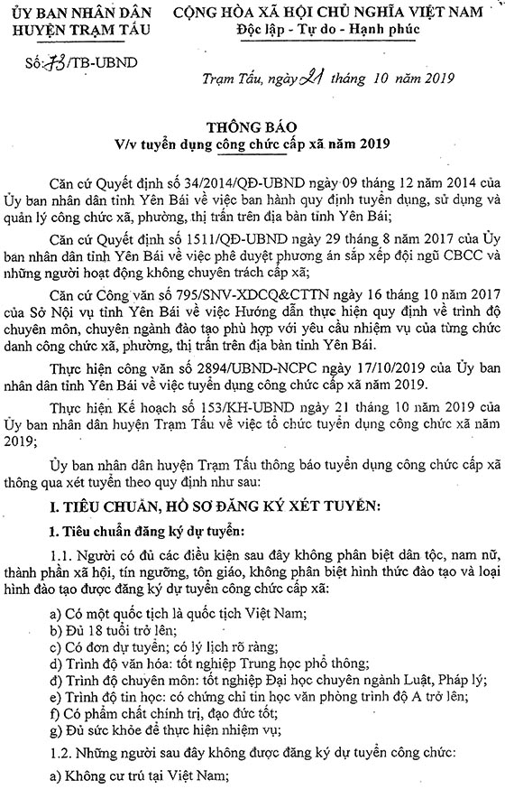 UBND huyện Trạm Tấu, Yên Bái tuyển dụng công chức xã năm 2019
