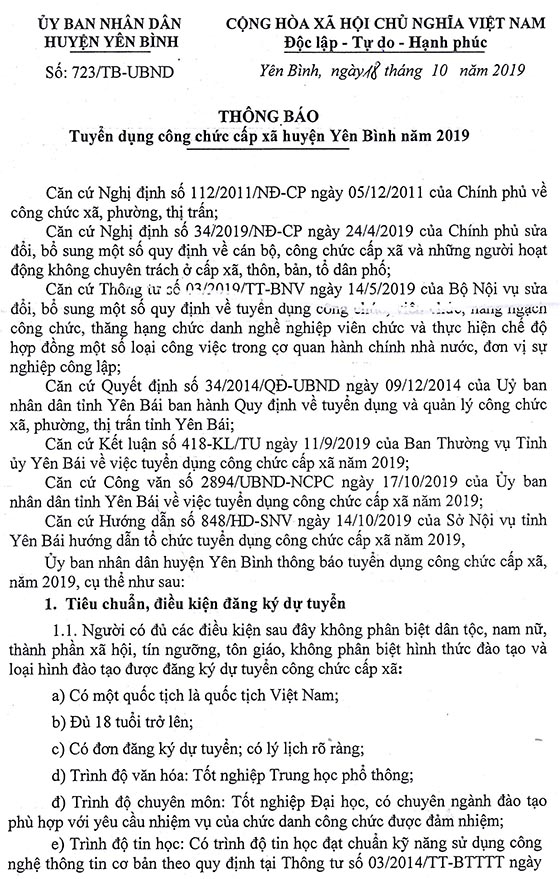 UBND huyện Yên Bình, Yên Bái tuyển dụng công chức xã năm 2019