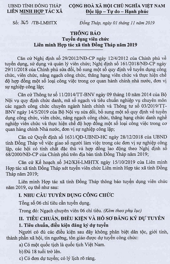 Liên minh Hợp tác xã tỉnh Đồng Tháp tuyển dụng viên chức năm 2019