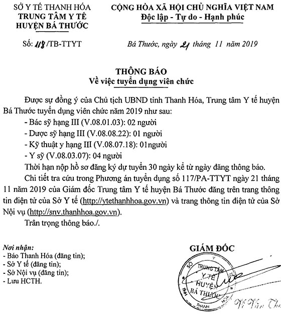 Trung tâm Y tế huyện Bá Thước, Thanh Hóa tuyển dụng viên chức năm 2019
