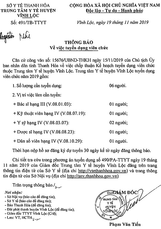 Trung tâm Y tế huyện Vĩnh Lộc, Thanh Hóa tuyển dụng viên chức năm 2019