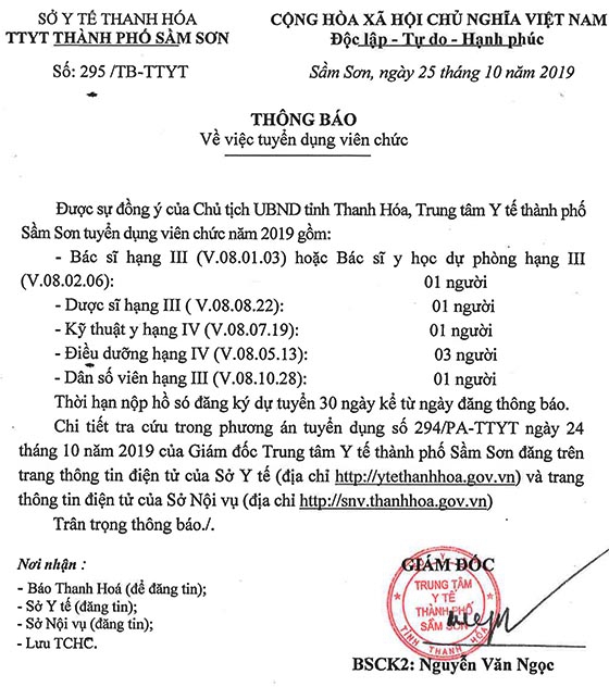 Trung tâm Y tế TP. Sầm Sơn, Thanh Hóa tuyển dụng viên chức năm 2019