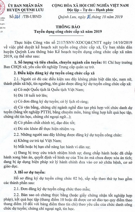 UBND huyện Quỳnh Lưu, Nghệ An tuyển dụng công chức cấp xã năm 2019