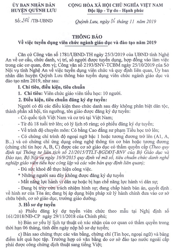UBND huyện Quỳnh Lưu, Nghệ An tuyển dụng giáo viên Tiểu học năm 2019