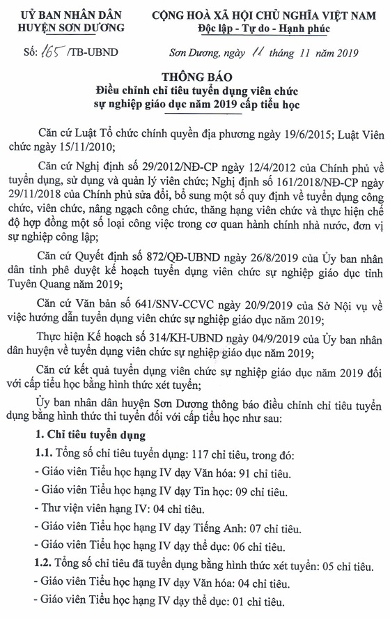 UBND Huyện Sơn Dương, Tuyên Quang điều chỉnh chỉ tiêu tuyển dụng viên chức giáo dục năm 2019