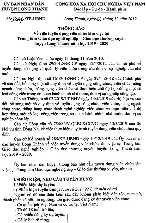 UBND huyện Long Thành, Đồng Nai tuyển dụng giáo viên năm học 2019-2020
