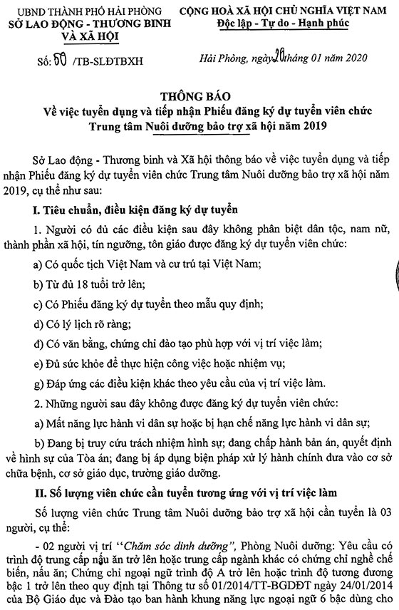 Trung tâm Nuôi dưỡng bảo trợ xã hội TP. Hải Phòng tuyển dụng viên chức năm 2019