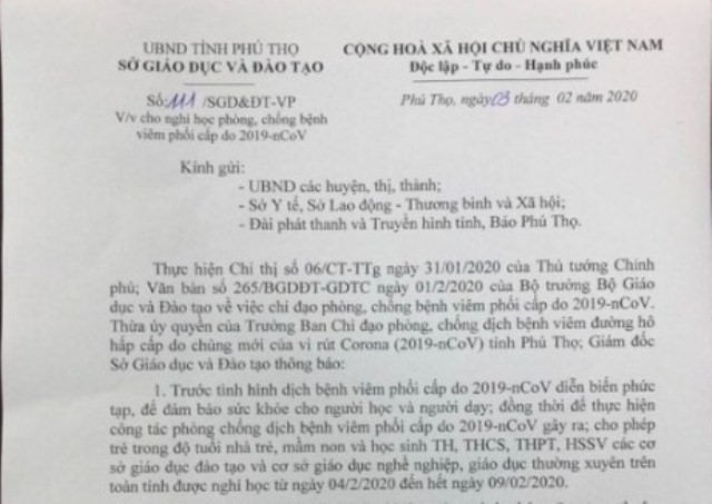 Học sinh Phú Thọ tạm thời nghỉ học từ ngày 4/2 phòng tránh virut Corona