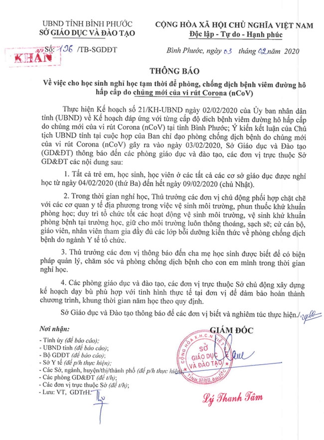 Bình Phước: Học sinh nghỉ học từ 4/2 đến hết tuần để phòng chống dịch cúm corona - Ảnh minh hoạ 3