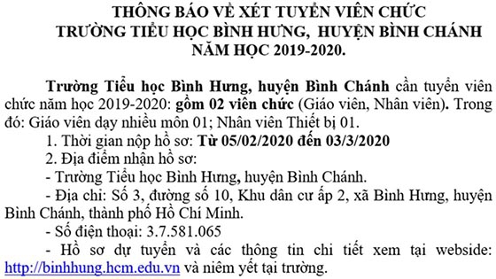 Trường Tiểu học Bình Hưng, Bình Chánh, TP. HCM tuyển viên chức năm học 2019-2020