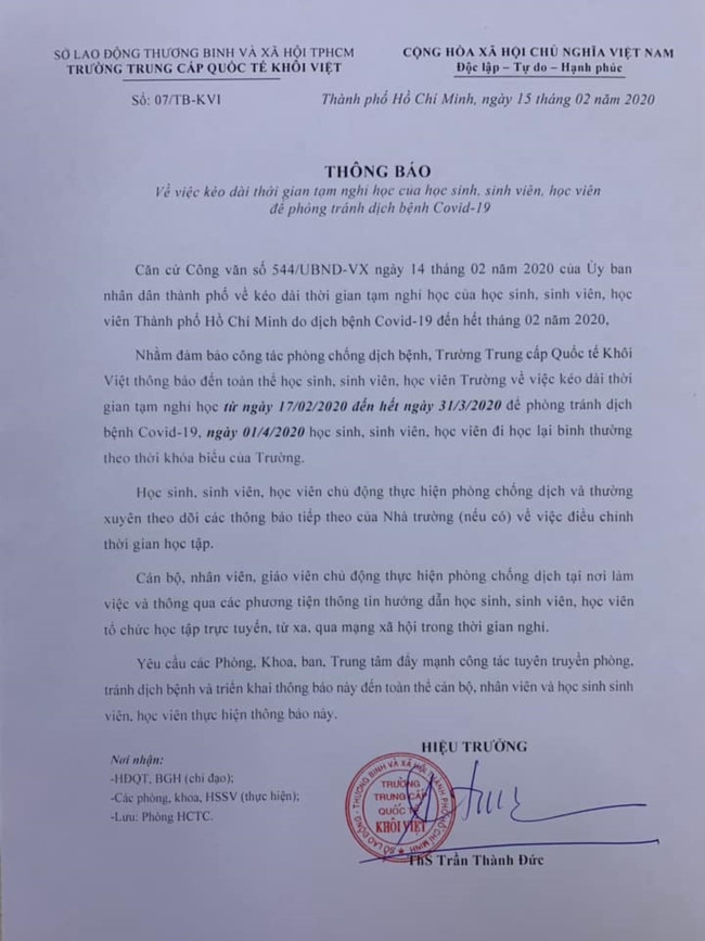 Trường Trung cấp duy nhất tại TP.HCM cho học sinh nghỉ học hết tháng 3 phòng dịch Covid-19 - Ảnh minh hoạ 2