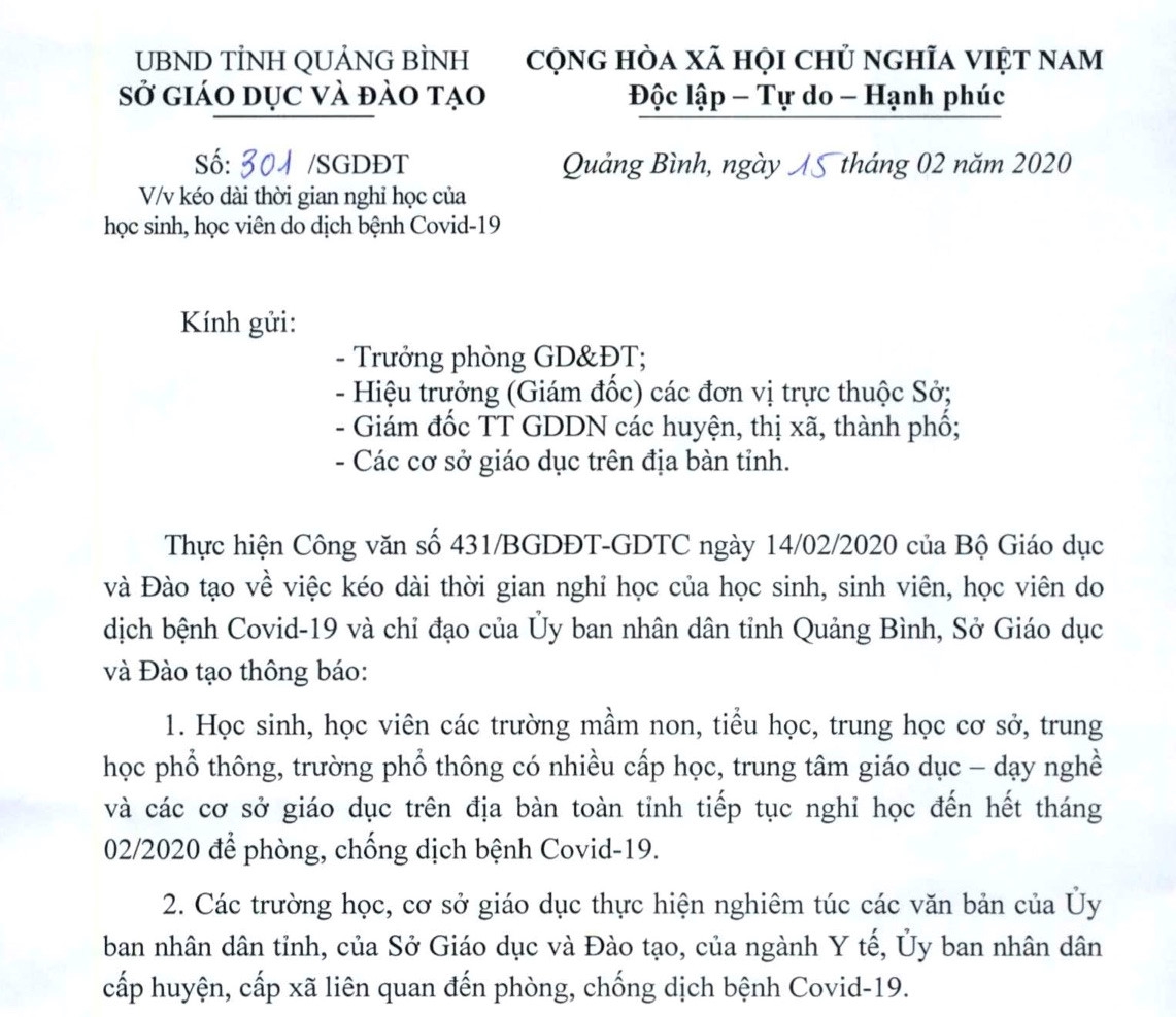 Văn bản cho học sinh Quảng Bình nghỉ học đến hết tháng 3 là giả mạo