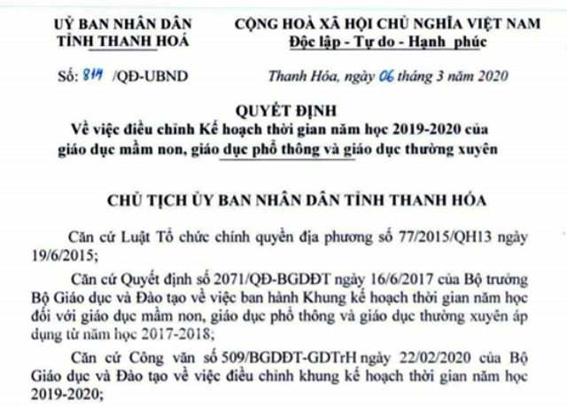 Thanh Hóa: Điều chỉnh năm học 2019-2020