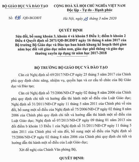 Bộ GD&ĐT sửa đổi Quyết định ban hành khung kế hoạch thời gian năm học - Ảnh minh hoạ 2