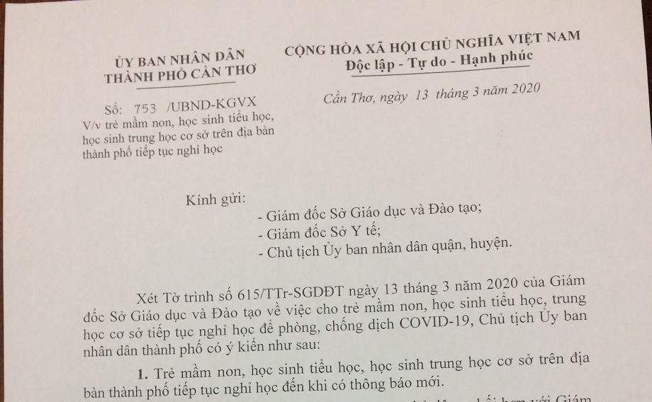 Cần Thơ: HS Mầm non,Tiều học và THCS tiếp tục được nghỉ học