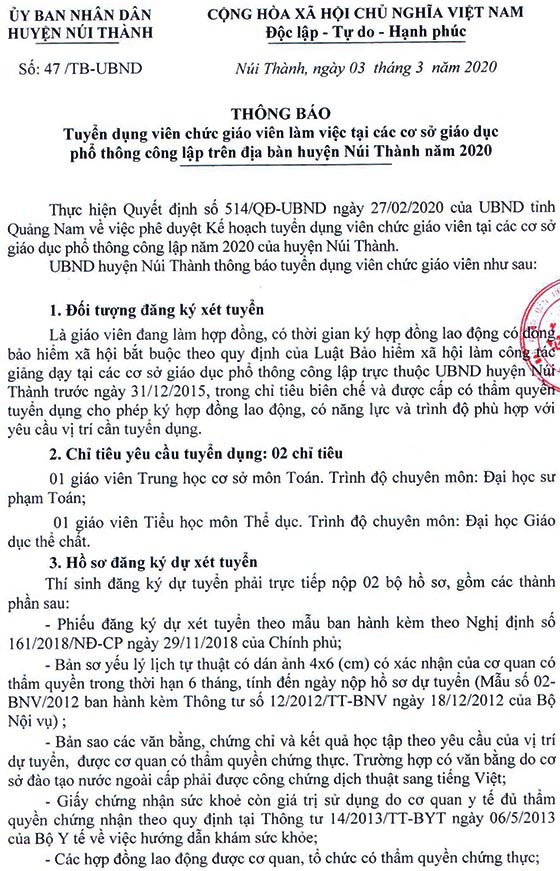 UBND huyện Núi Thành, Quảng Nam thông báo tuyển dụng giáo viên năm 2020