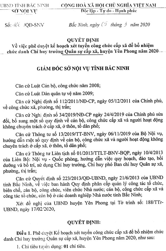 UBND huyện Yên Phong, Bắc Ninh tuyển dụng Chỉ huy trưởng Quân sự cấp xã năm 2020