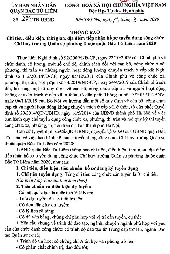 UBND Quận Bắc Từ Liêm, Hà Nội tuyển dụng công chức Chỉ huy trưởng Quân sự phường năm 2020