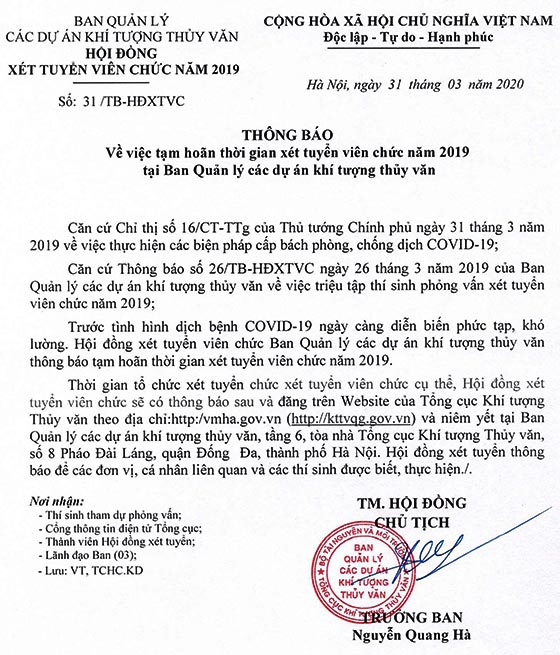 Ban Quản lý các dự án khí tượng thủy văn tạm hoãn xét tuyển viên chức năm 2019