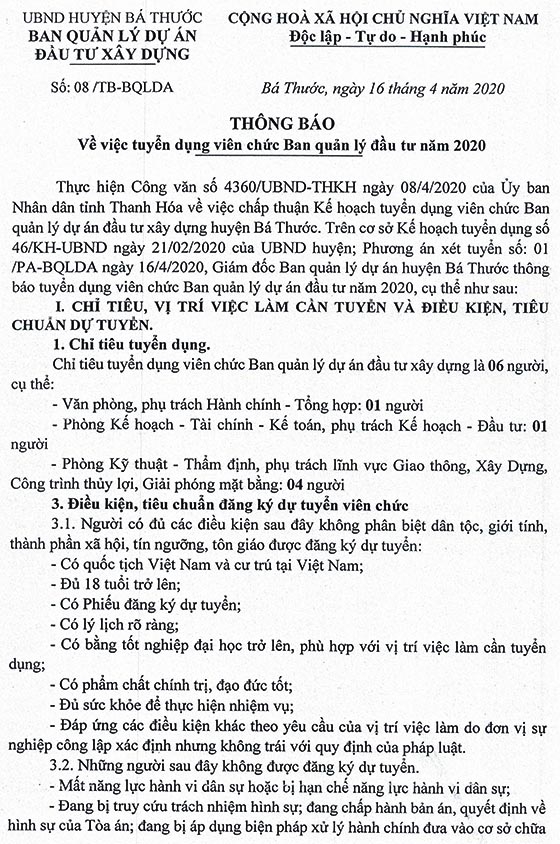 Ban quản lý dự án đầu tư xây dựng Bá Thước, Thanh Hóa xét tuyển viên chức năm 2020