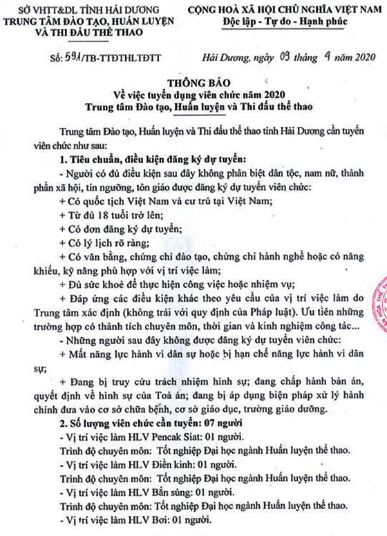 Trung tâm Đào tạo, Huấn luyện và Thi đấu thể thao tỉnh Hải Dương tuyển dụng viên chức năm 2020